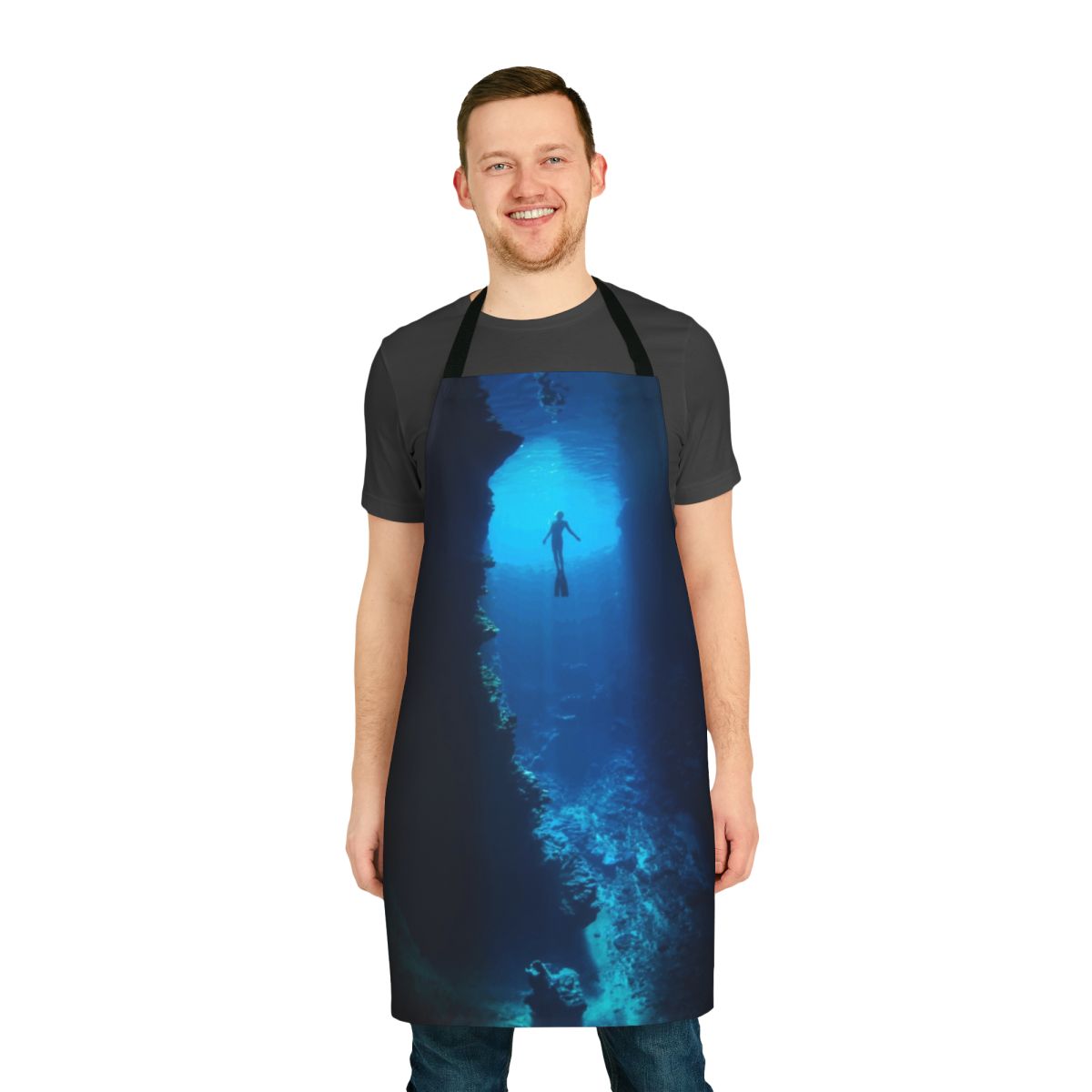A versatile apron for free divers and spearfishers, featuring designs inspired by the ocean and underwater adventures.