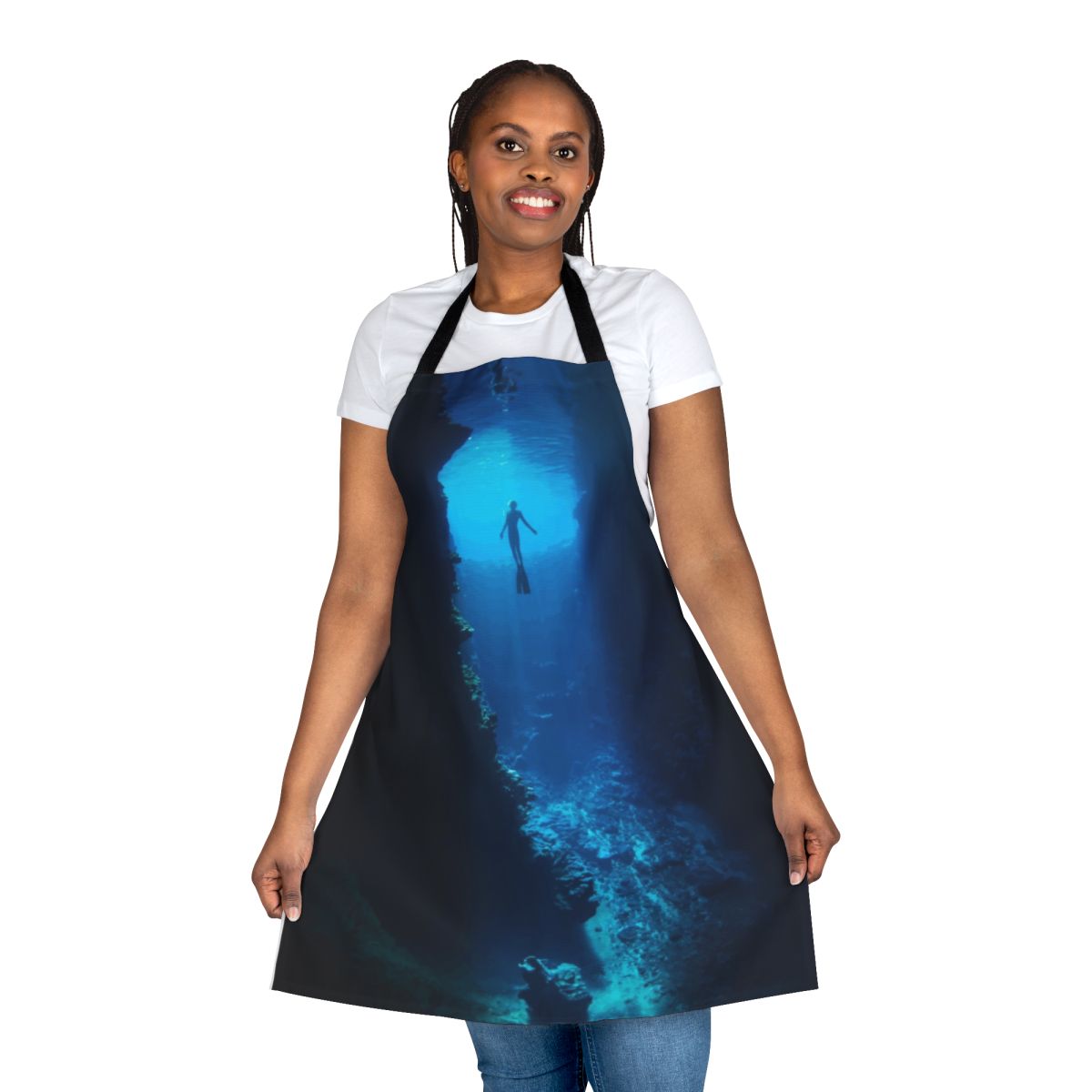 A versatile apron for free divers and spearfishers, featuring designs inspired by the ocean and underwater adventures.