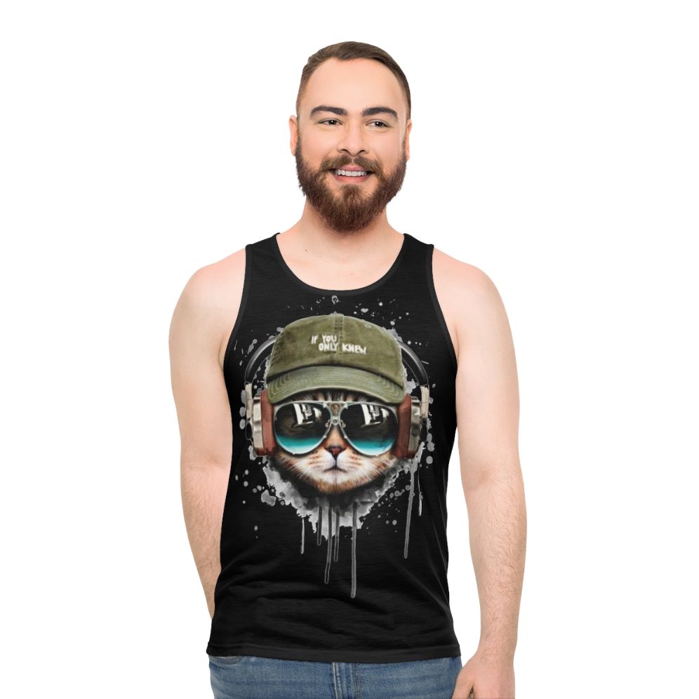 DJ Cat Unisex Tank Top with Headphones and Sunglasses