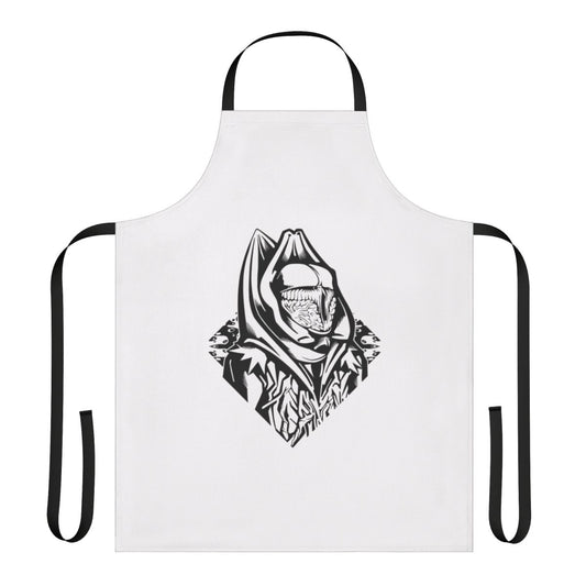 Black and white apron featuring a vintage-style Doctor Who inspired design
