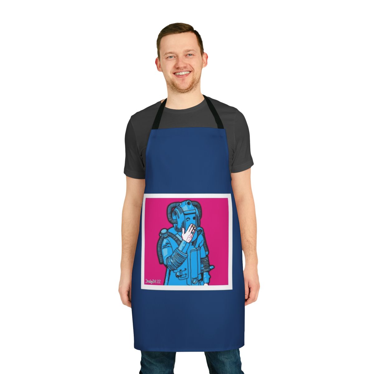 Cyberman figure smoking while wearing an apron
