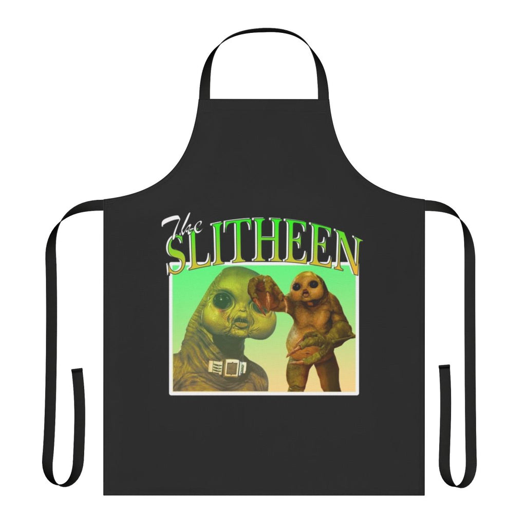 Doctor Who Slitheen themed apron featuring the iconic Slitheen alien design