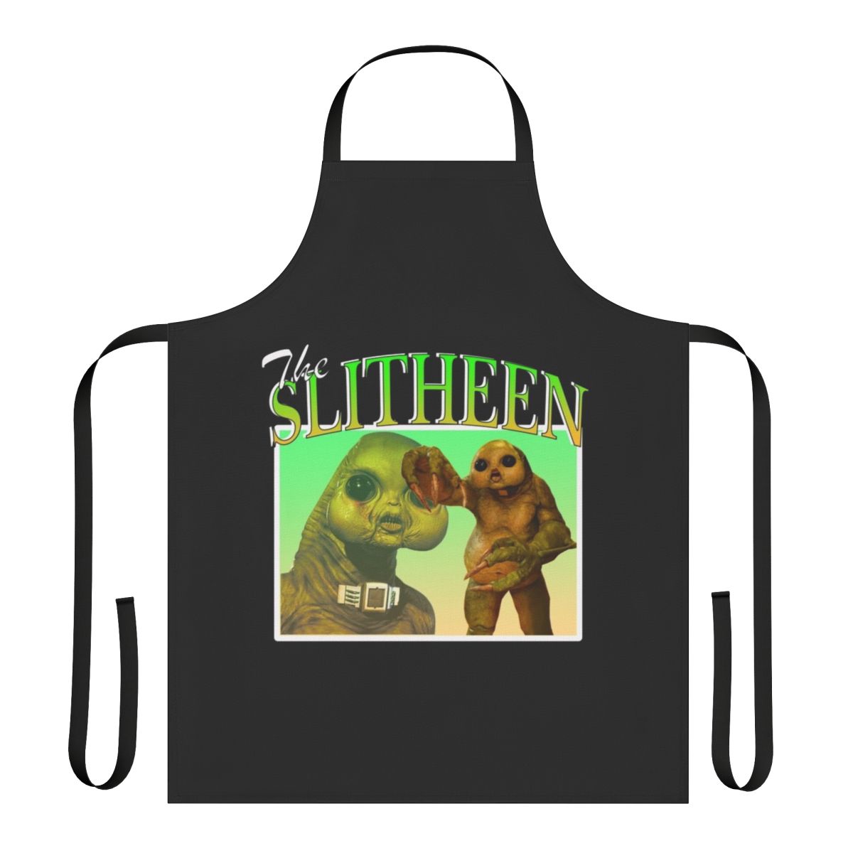Doctor Who Slitheen themed apron featuring the iconic Slitheen alien design