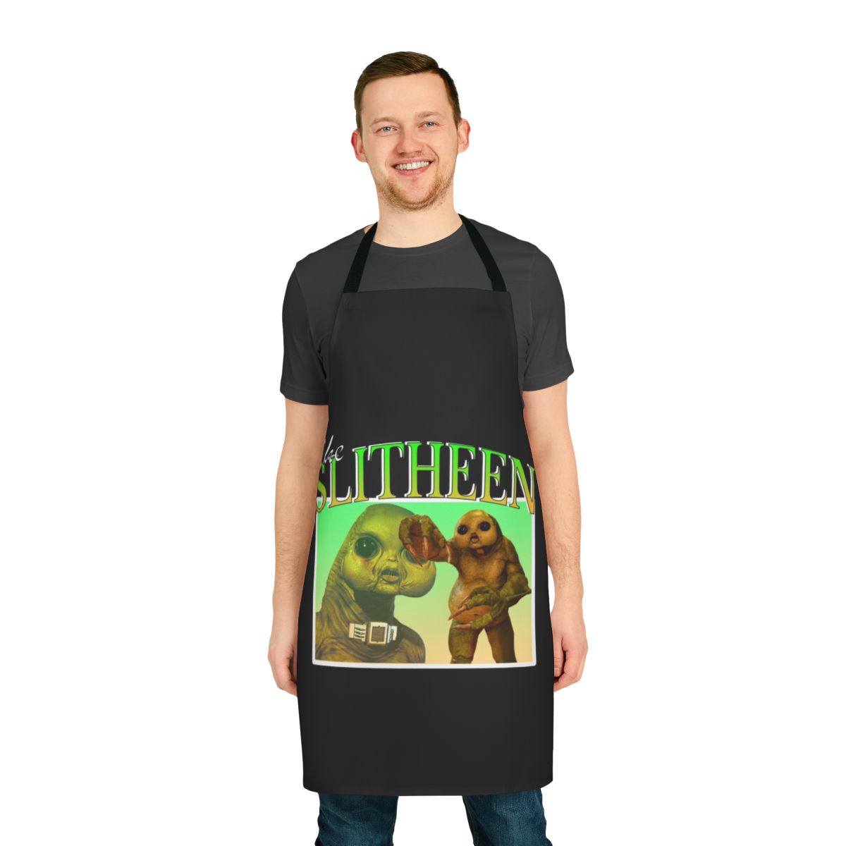 Doctor Who Slitheen themed apron featuring the iconic Slitheen alien design