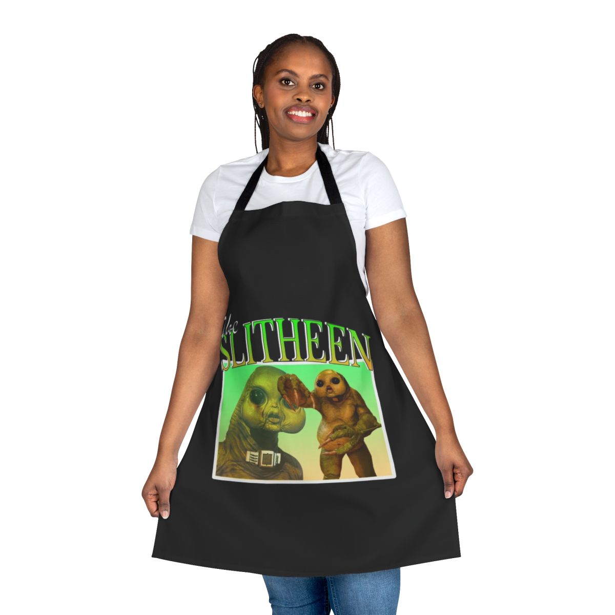 Doctor Who Slitheen themed apron featuring the iconic Slitheen alien design