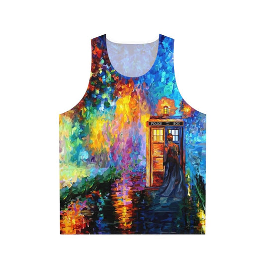 Doctor Who inspired unisex tank top with watercolor rainbow design