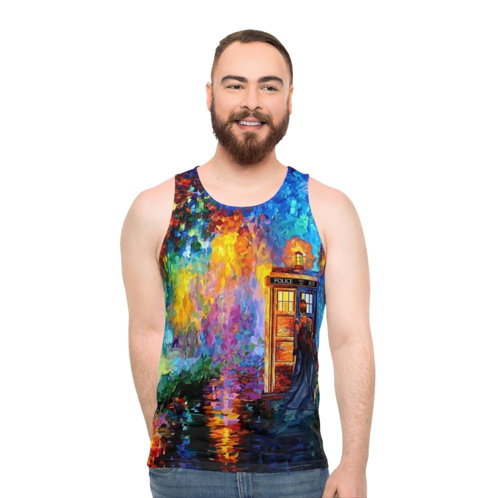 Doctor Who inspired unisex tank top with watercolor rainbow design