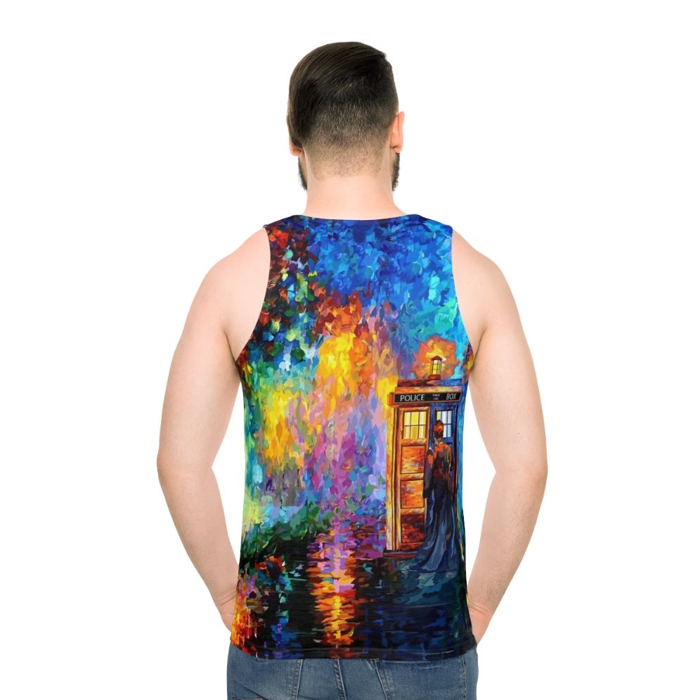 Doctor Who inspired unisex tank top with watercolor rainbow design