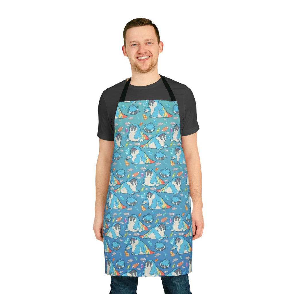A vibrant and stylish apron featuring the beloved monster Dodogama from the Monster Hunter video game series.