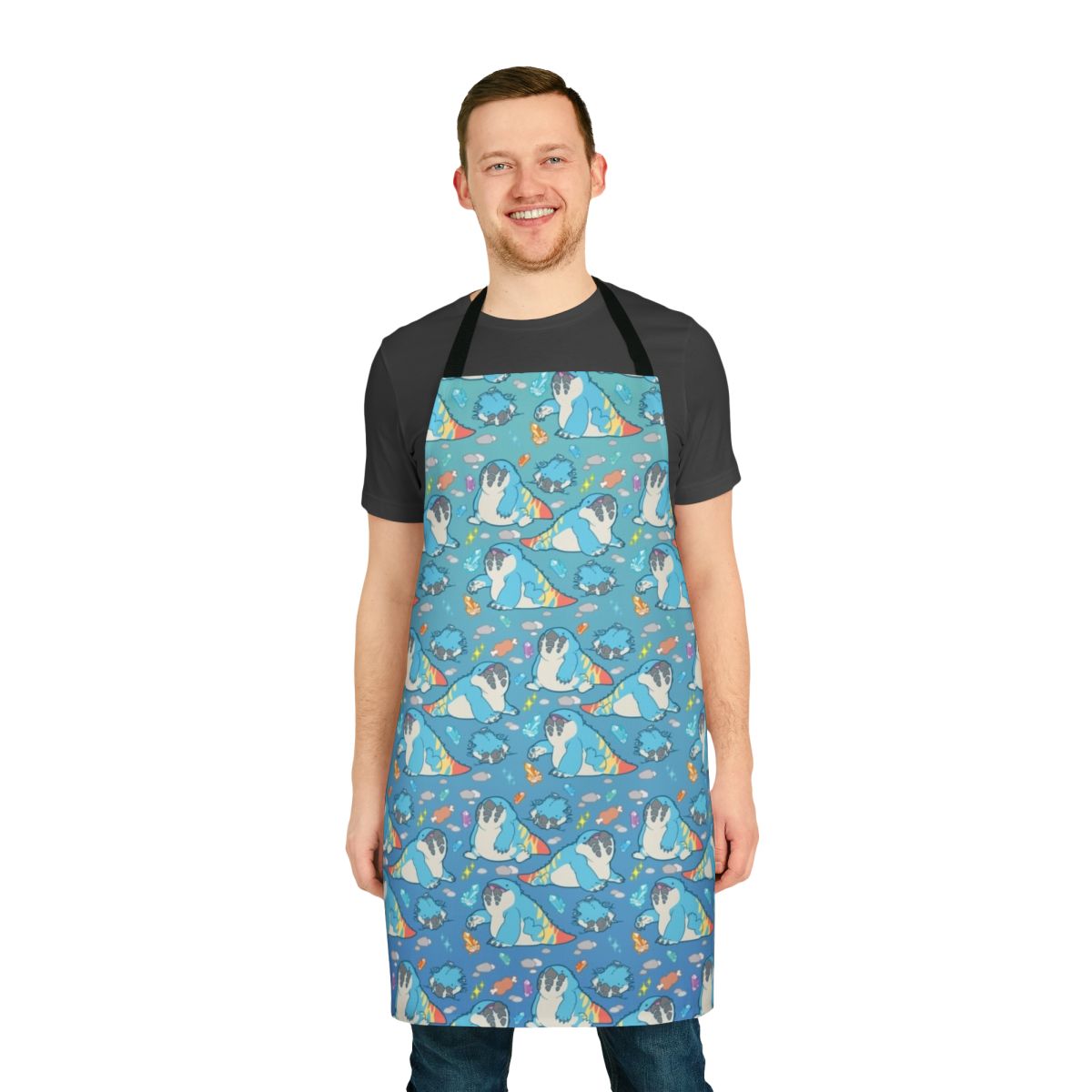 A vibrant and stylish apron featuring the beloved monster Dodogama from the Monster Hunter video game series.