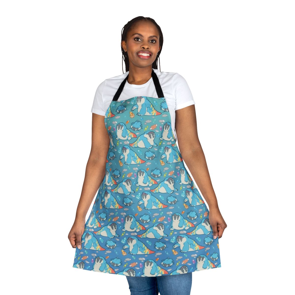 A vibrant and stylish apron featuring the beloved monster Dodogama from the Monster Hunter video game series.