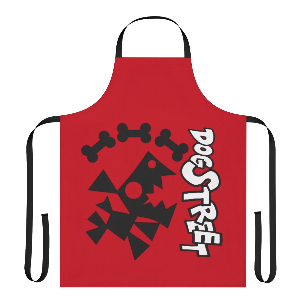 Dog Street themed apron featuring red and black design elements