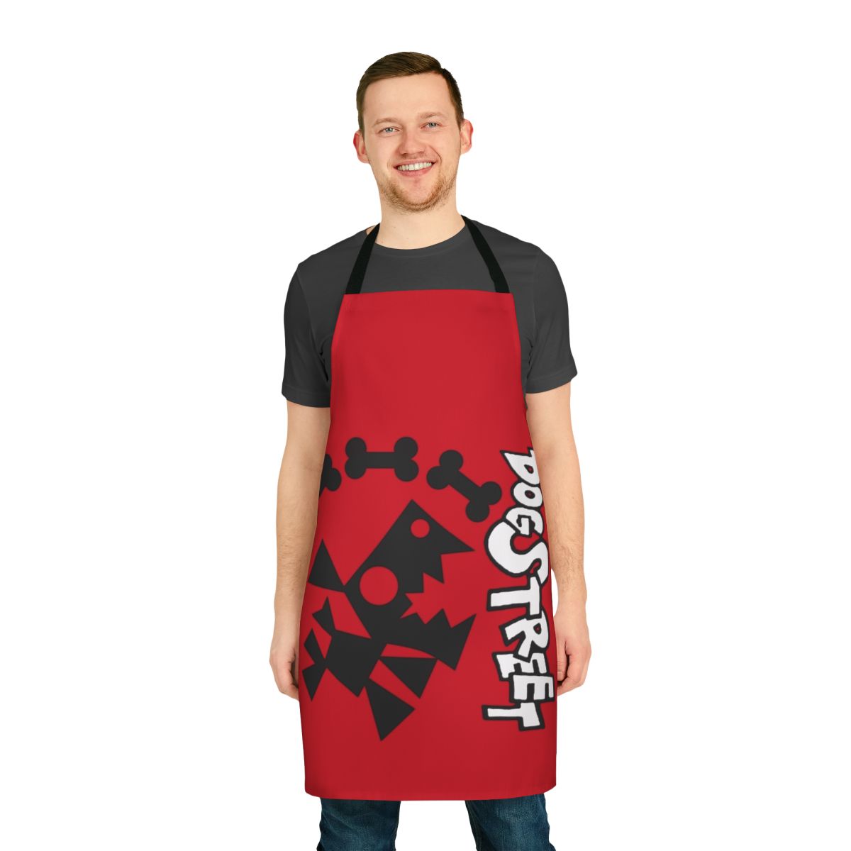 Dog Street themed apron featuring red and black design elements