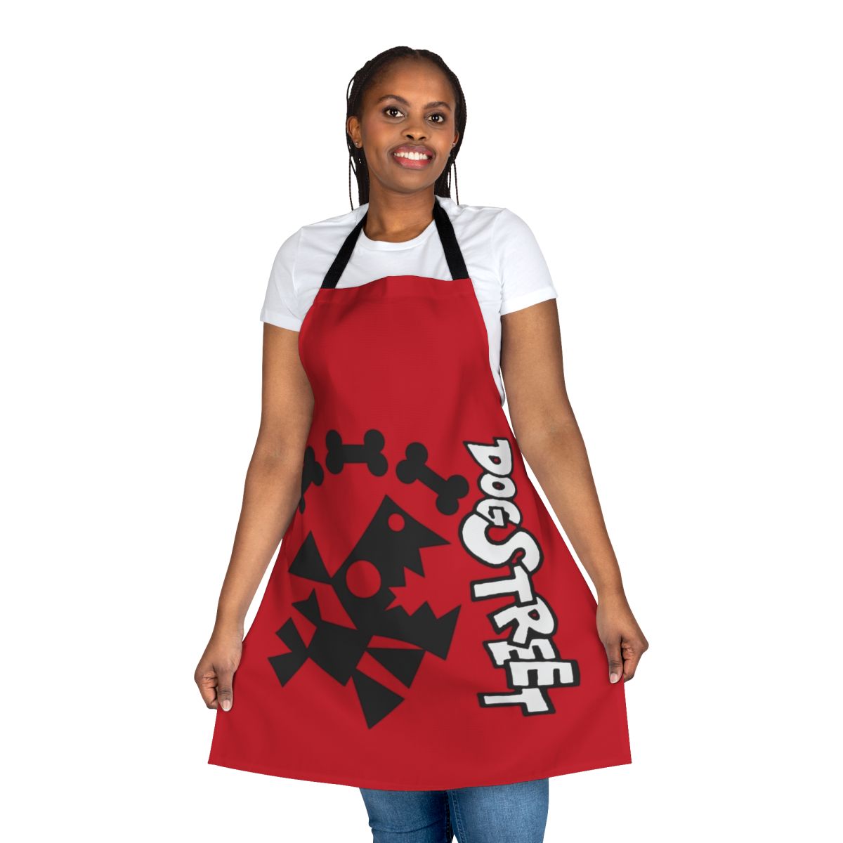 Dog Street themed apron featuring red and black design elements