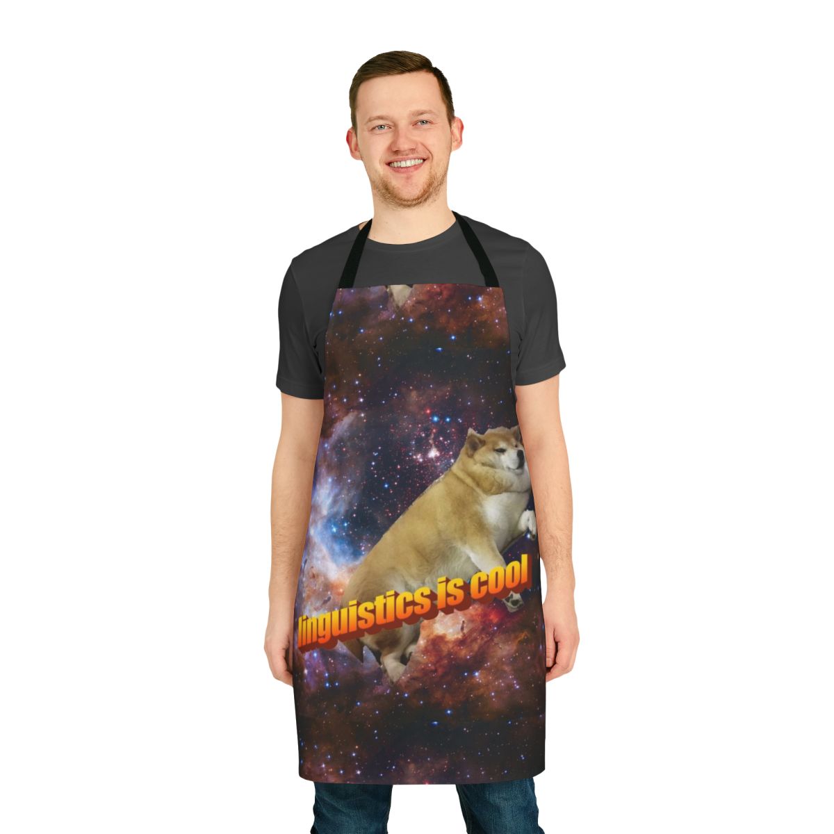 Apron featuring a stylized doggo design and linguistic elements like the IPA