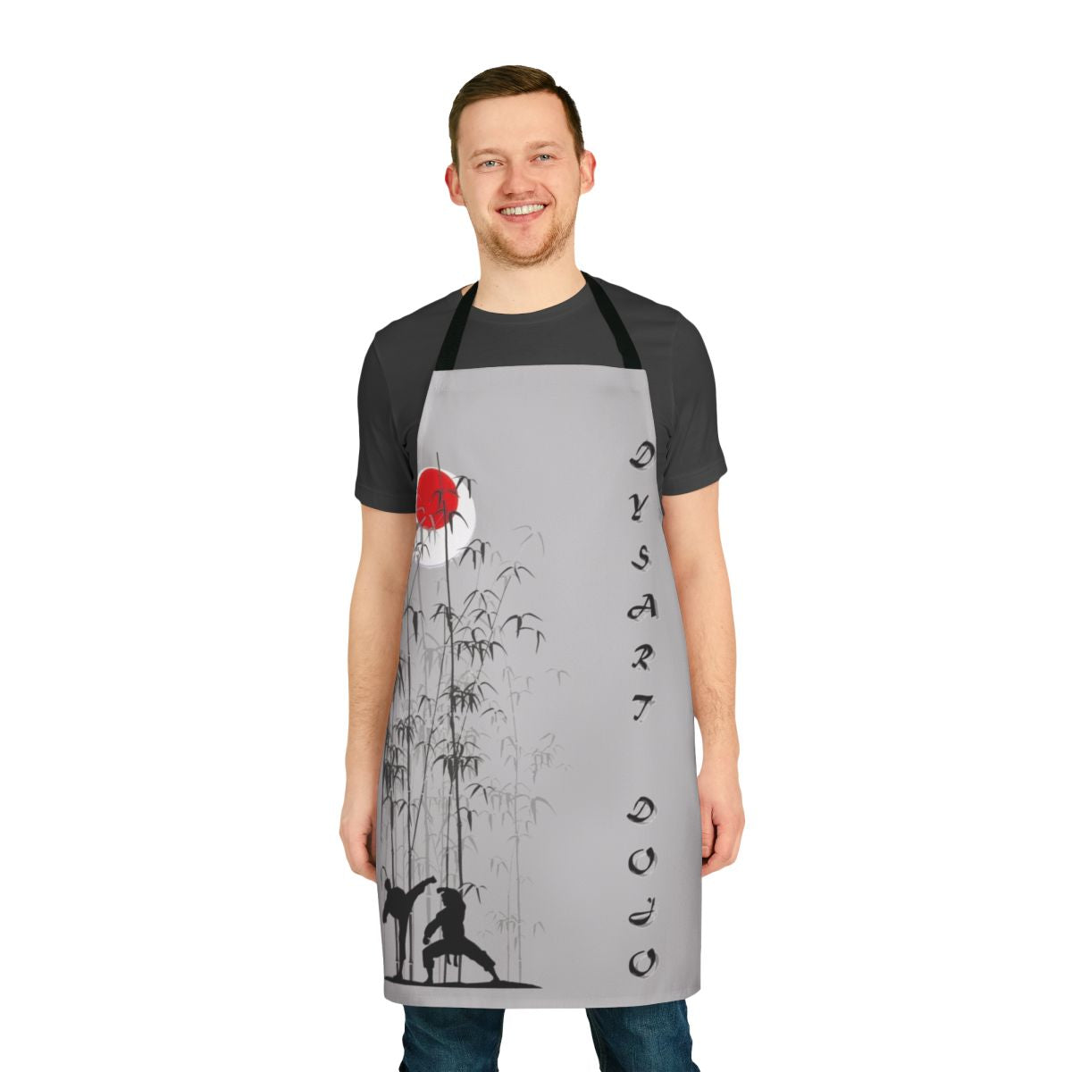 Dojo-style cooking apron with martial arts-inspired design