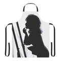 Dolly Parton-inspired silhouette design on a black and white apron