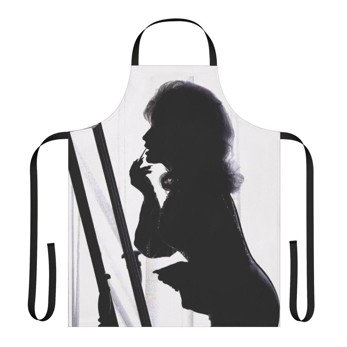 Dolly Parton-inspired silhouette design on a black and white apron