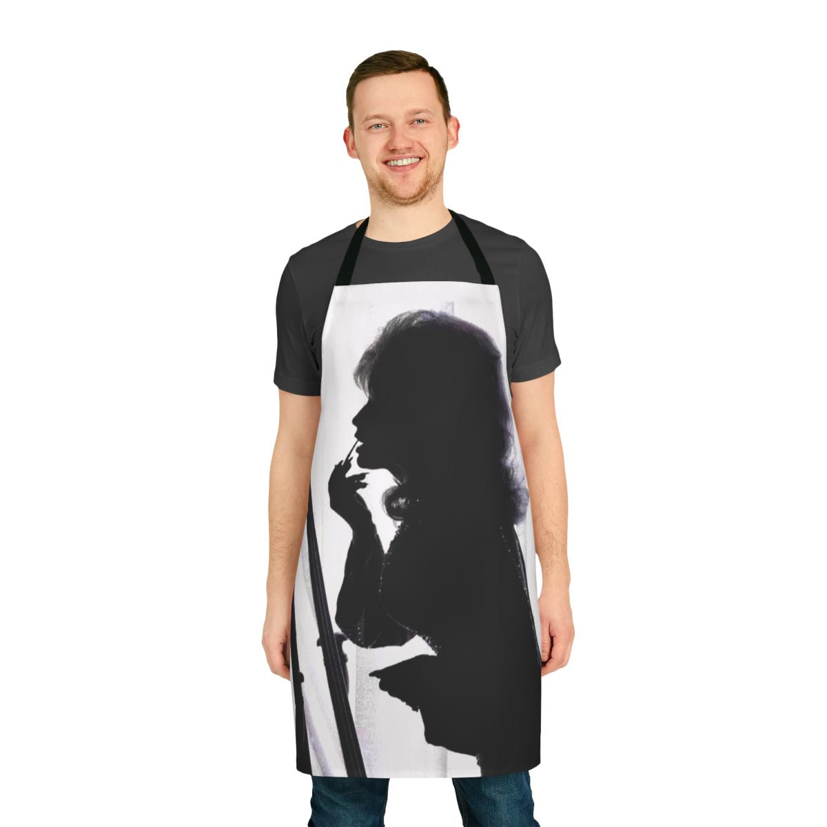 Dolly Parton-inspired silhouette design on a black and white apron