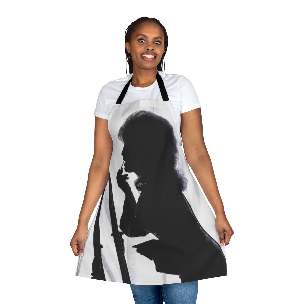 Dolly Parton-inspired silhouette design on a black and white apron
