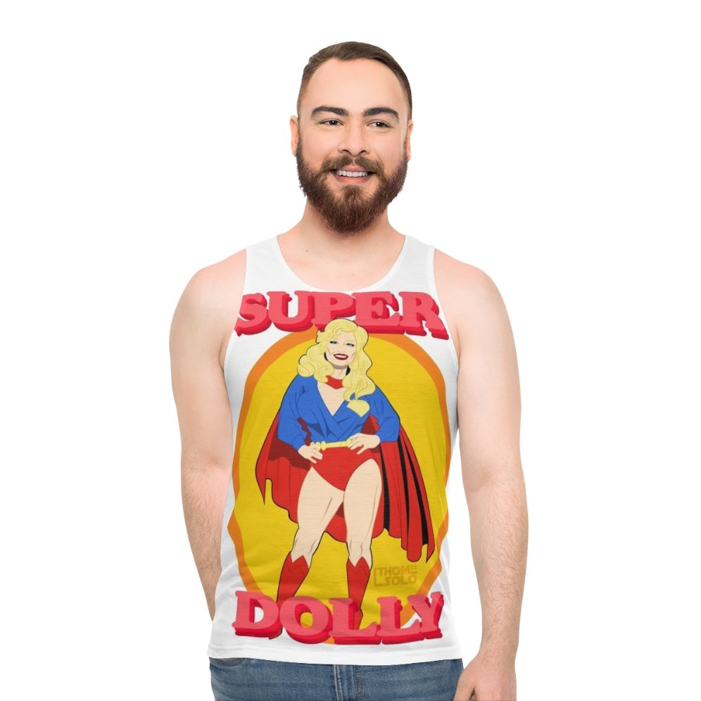 Unisex tank top with Dolly Parton and superhero pinup style
