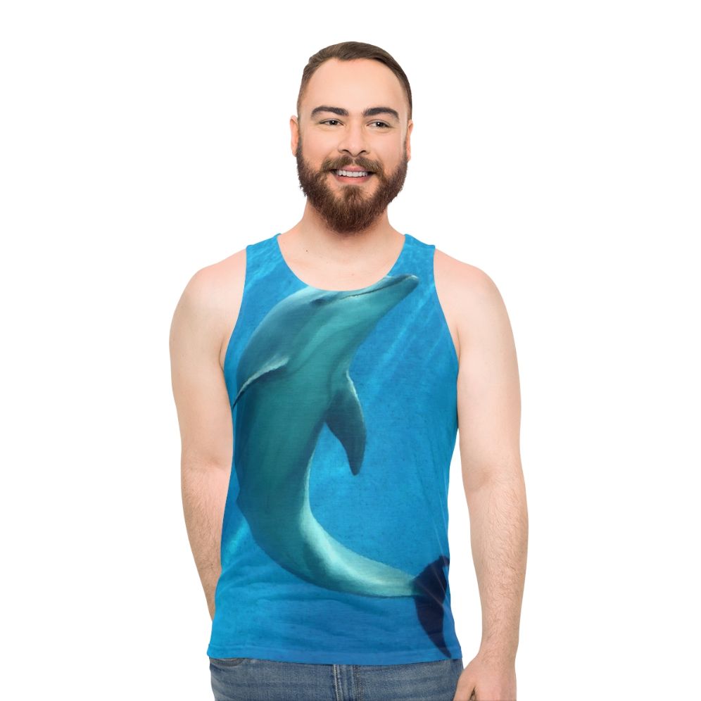 Dolphin unisex tank top with vibrant colors and nature-inspired design