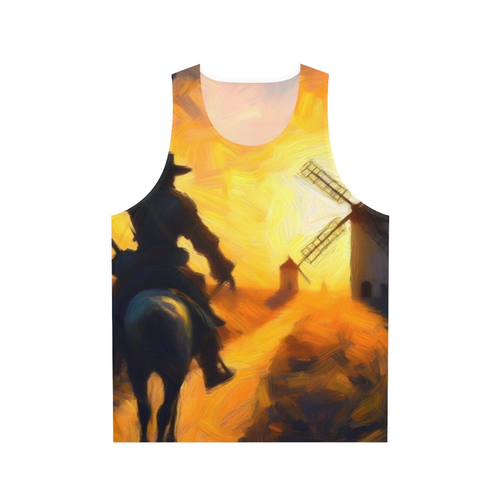 Don Quixote battling windmills on a unisex tank top