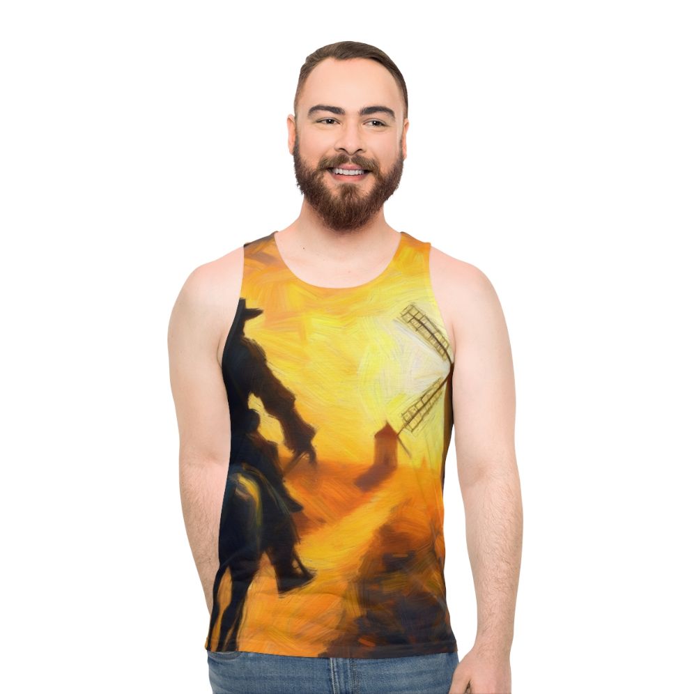 Don Quixote battling windmills on a unisex tank top