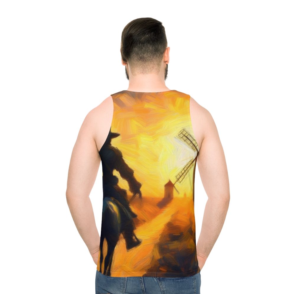 Don Quixote battling windmills on a unisex tank top