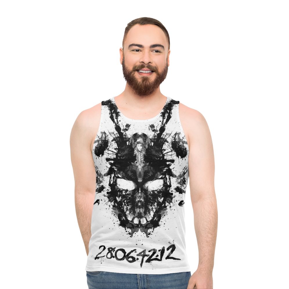 Donnie Darko inspired unisex tank top with Rorschach inkblot and Frank the Bunny
