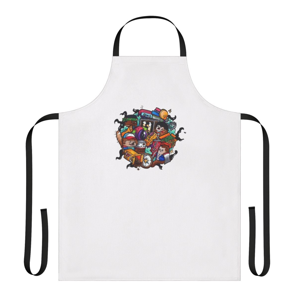 Colorful doodle-style illustration of Stranger Things characters on a high-quality apron