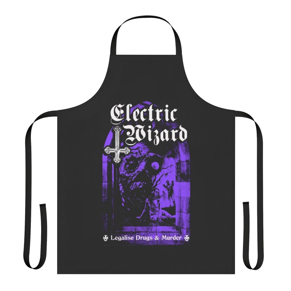 Black and white apron featuring the band Electric Wizard, a leading doom metal and stoner metal act.
