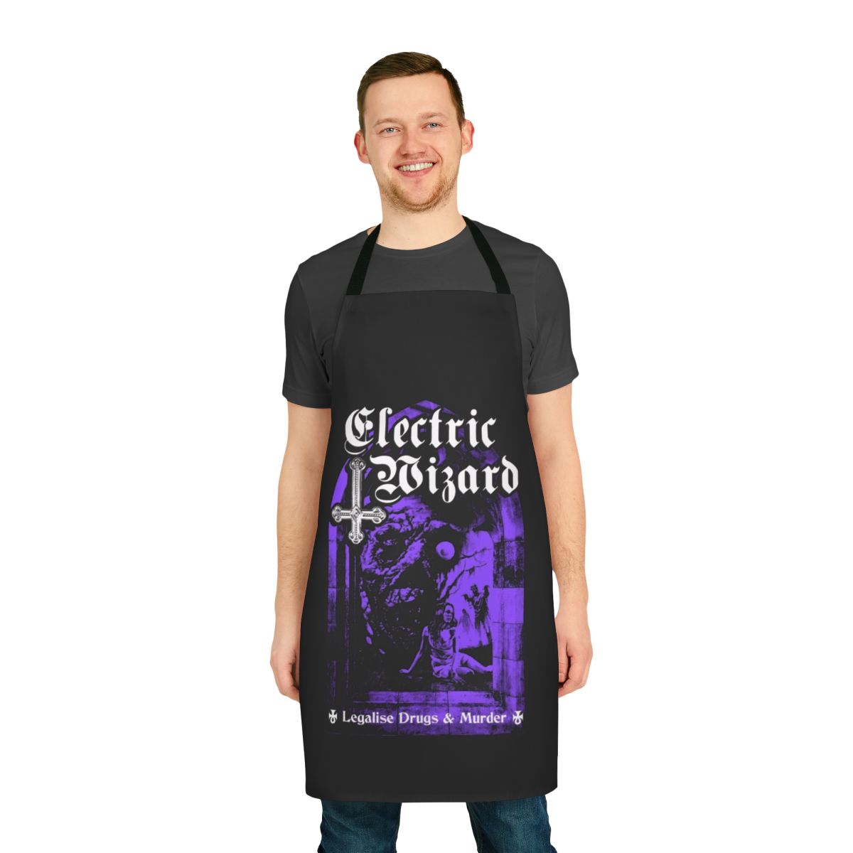 Black and white apron featuring the band Electric Wizard, a leading doom metal and stoner metal act.