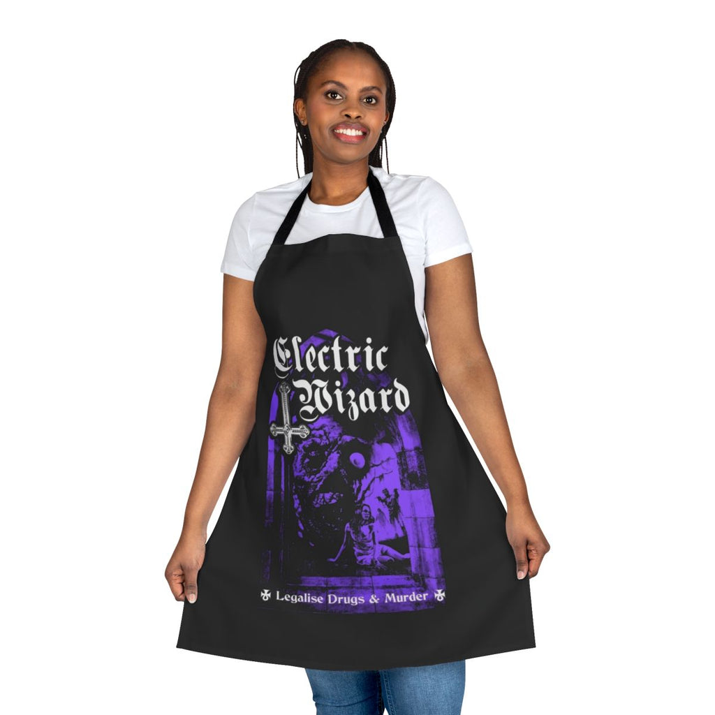 Black and white apron featuring the band Electric Wizard, a leading doom metal and stoner metal act.
