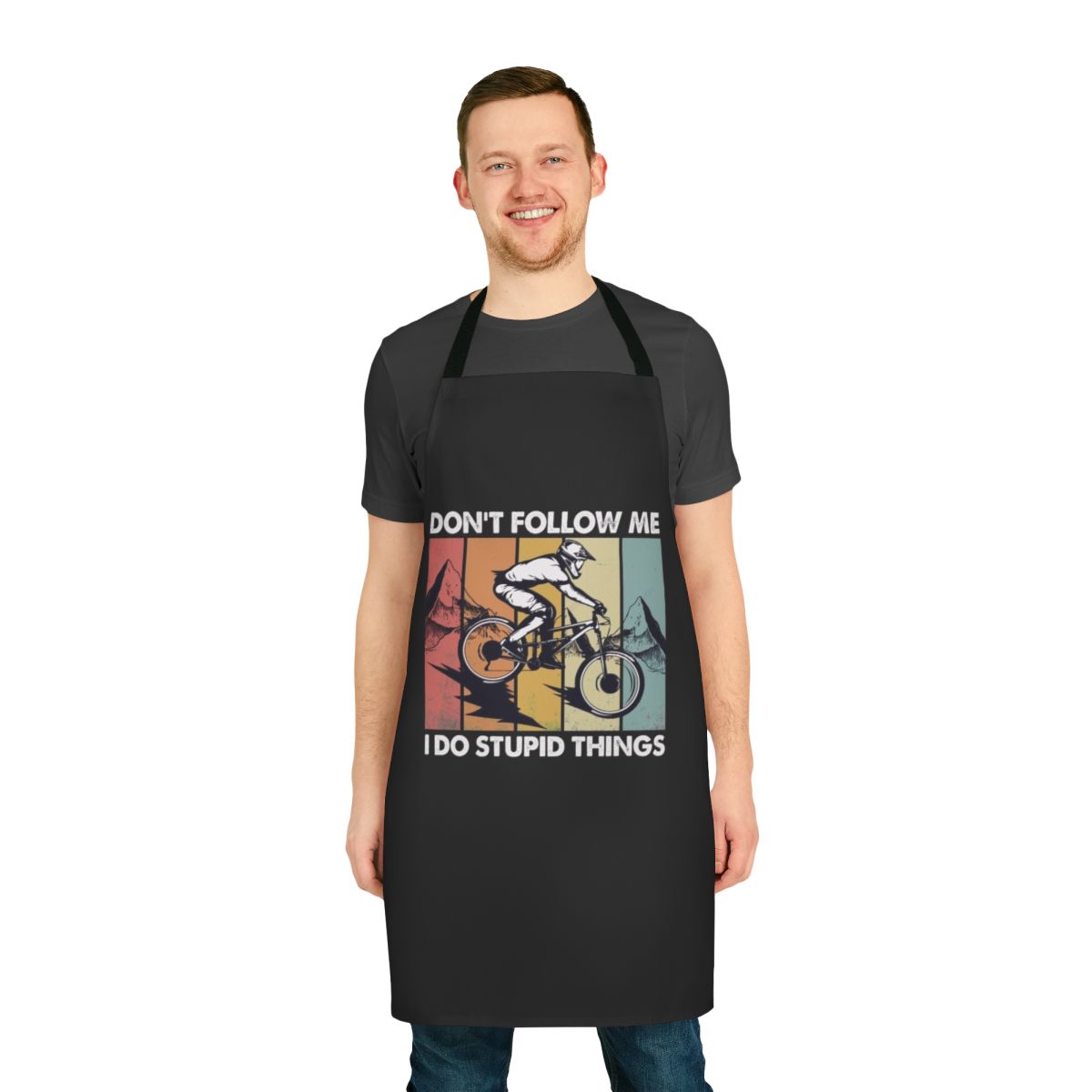 "Downhill mountain bike apron with 'I Do Stupid Things' text"