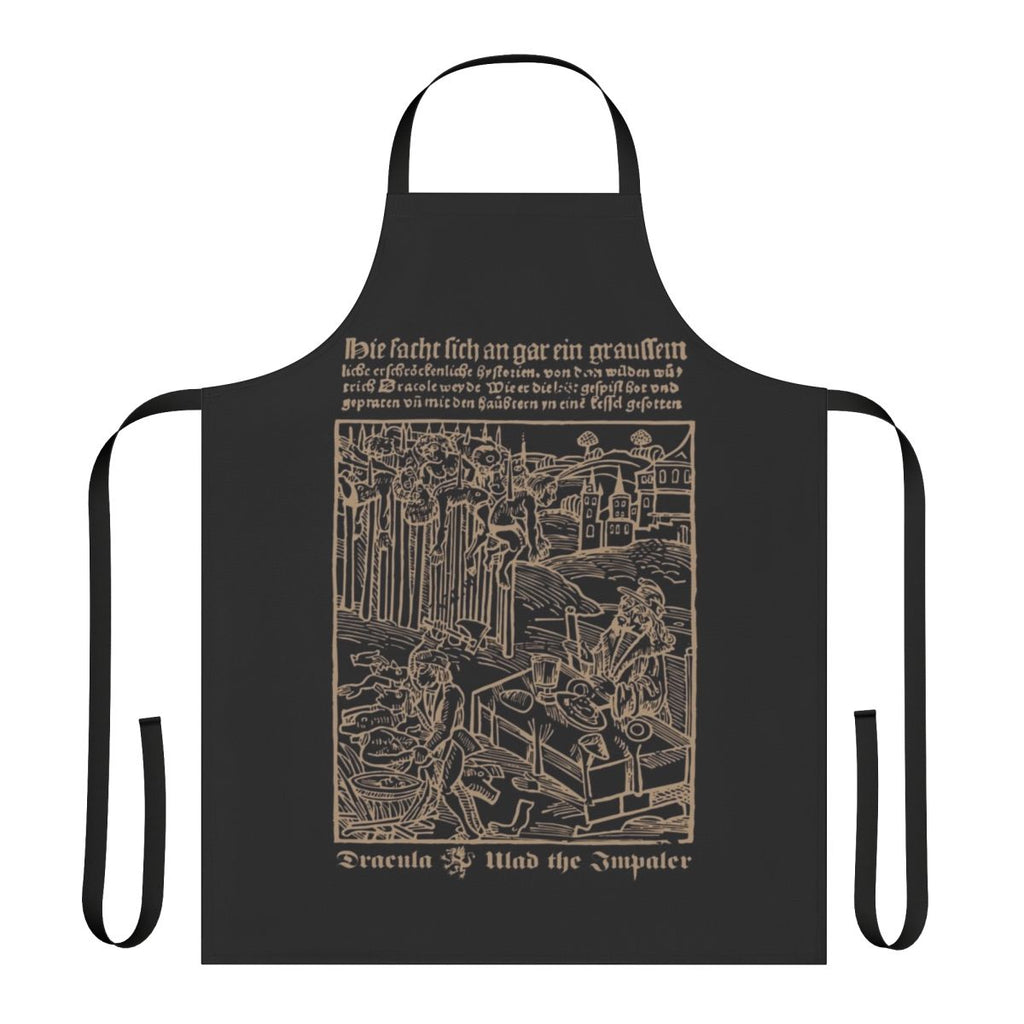 Dracula inspired gothic style apron featuring a vampire and Transylvania landscape