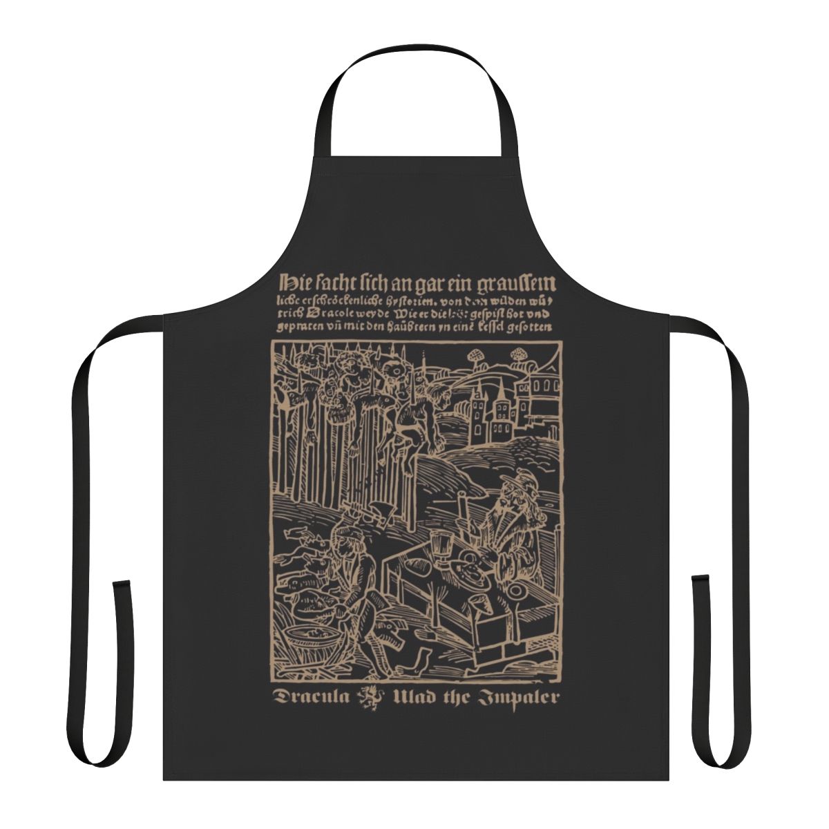 Dracula inspired gothic style apron featuring a vampire and Transylvania landscape