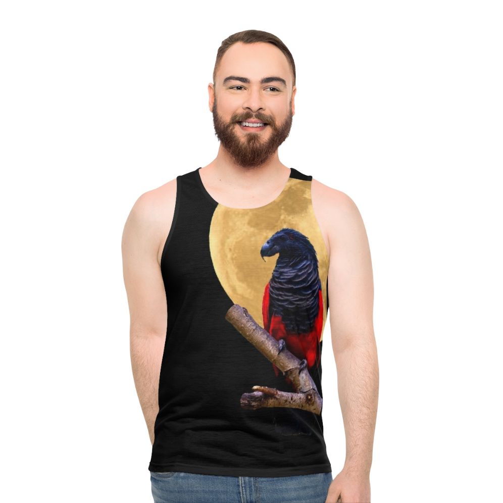 Dracula parrot with moon on black tank top