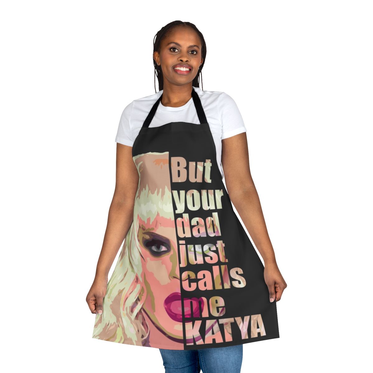 Vibrant apron featuring the name "Yakaterina Petrovna Zamolodchikova" in a stylized design, perfect for drag queen fans.