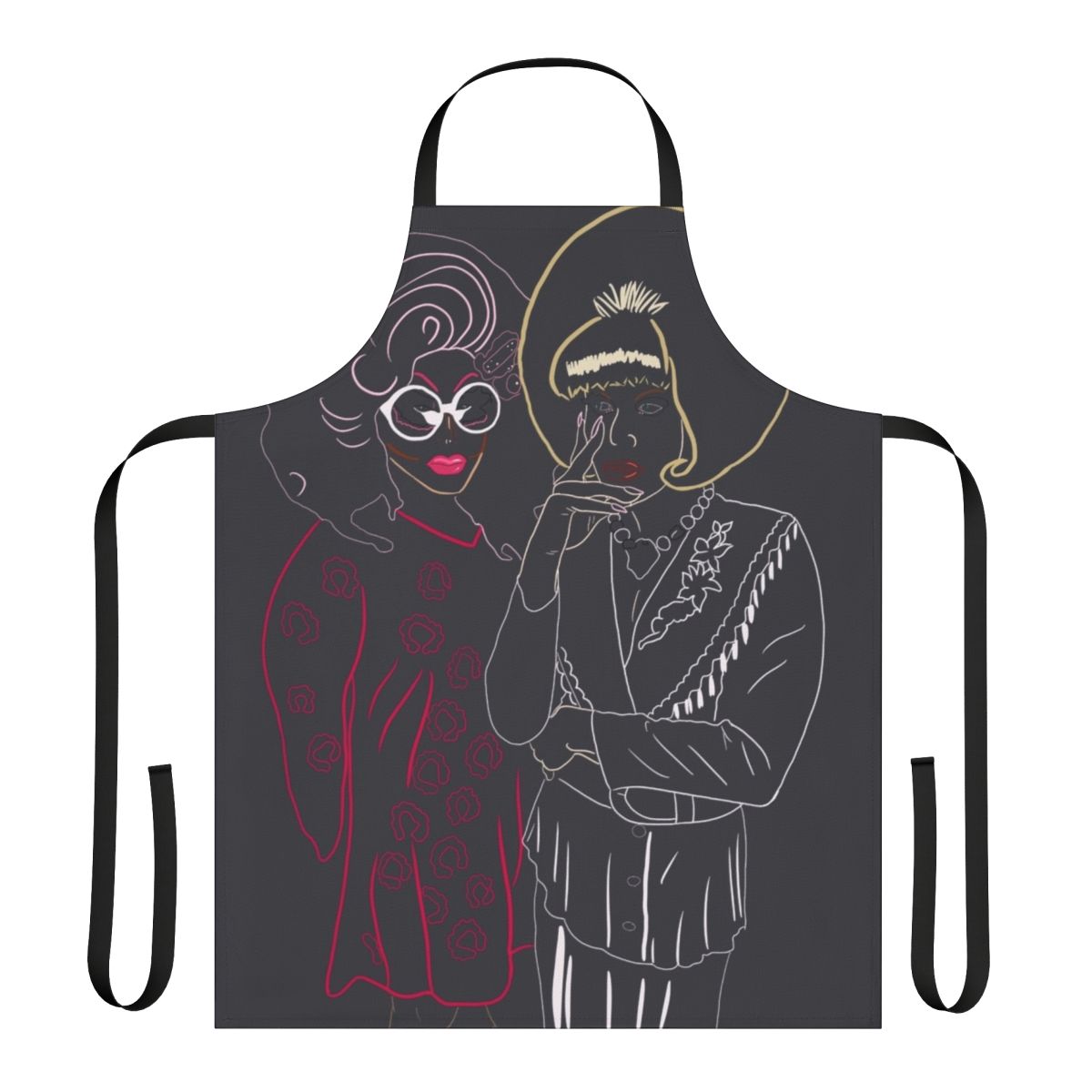 Apron featuring line drawing artwork of drag queens Trixie Mattel and Katya Zamolodchikova