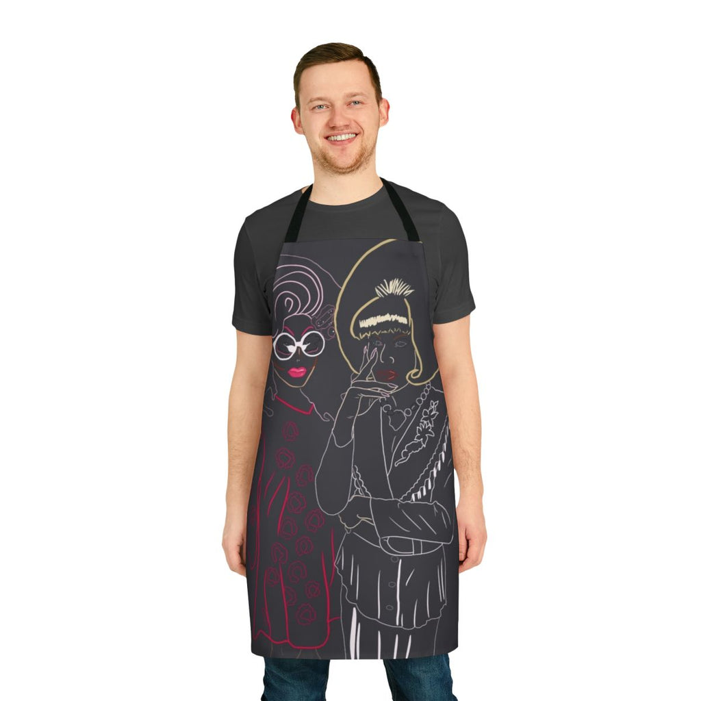 Apron featuring line drawing artwork of drag queens Trixie Mattel and Katya Zamolodchikova