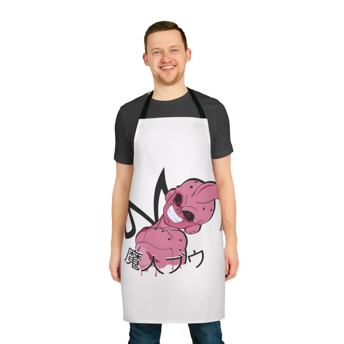 A pink apron featuring the character Kid Buu from the Dragon Ball anime series