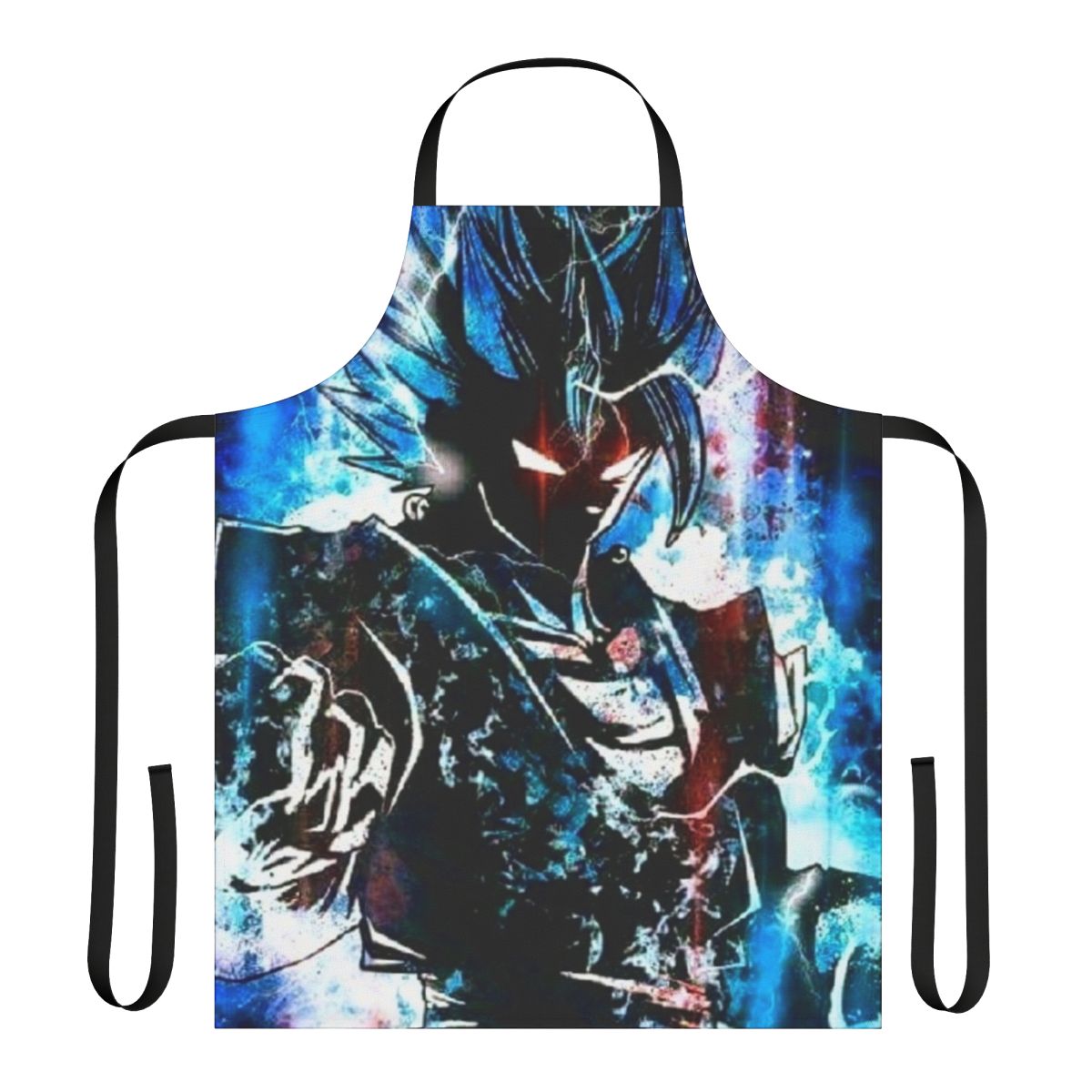A blue gym apron featuring the Super Saiyan God Blue design from the Dragon Ball Z anime series.