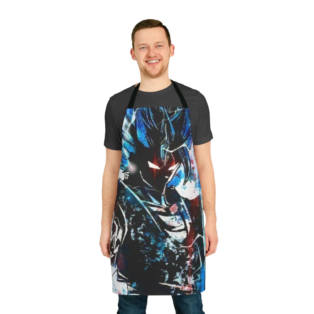 A blue gym apron featuring the Super Saiyan God Blue design from the Dragon Ball Z anime series.