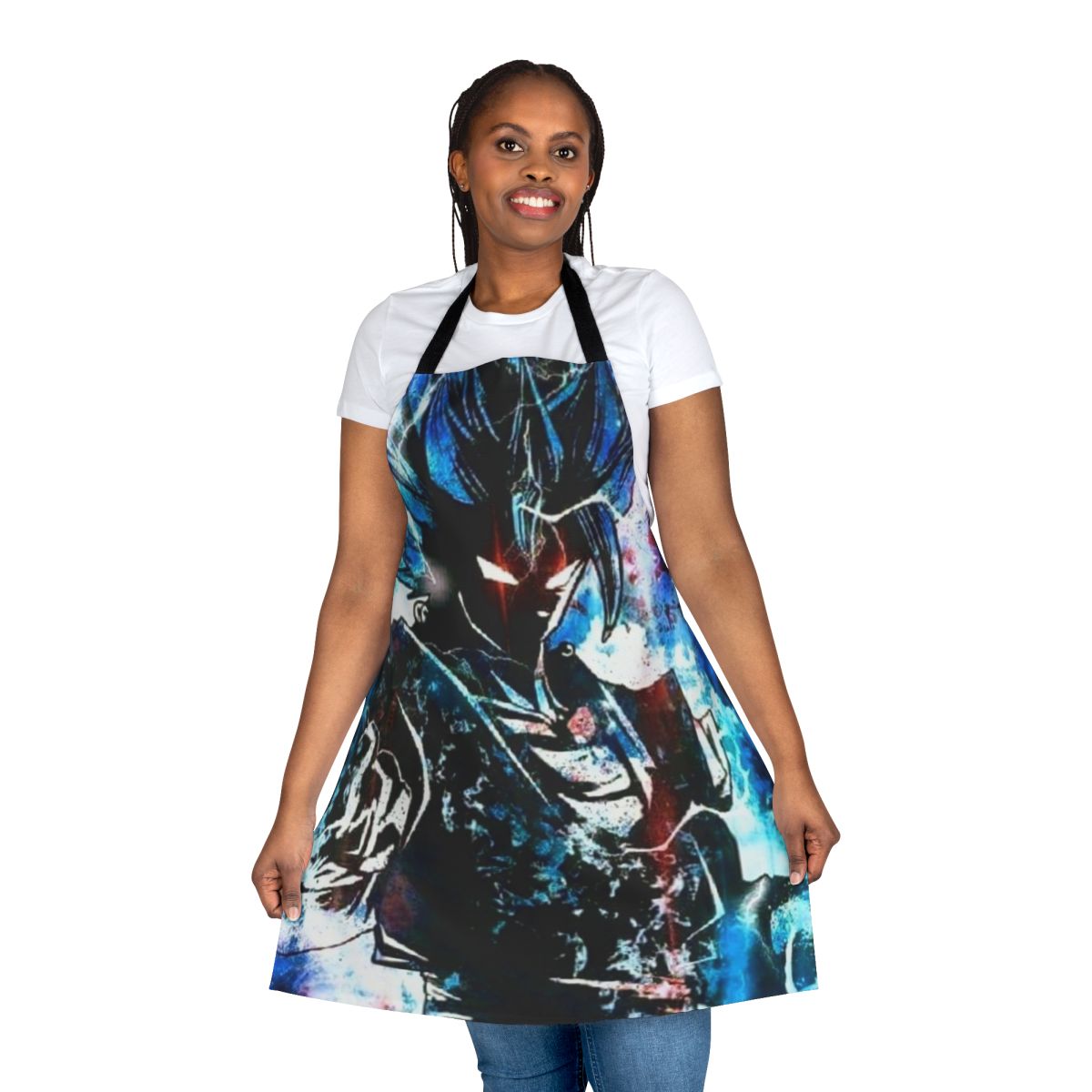 A blue gym apron featuring the Super Saiyan God Blue design from the Dragon Ball Z anime series.