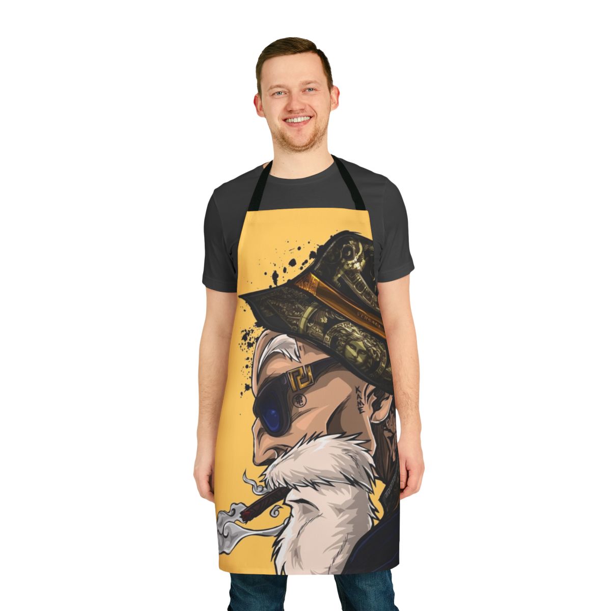 Stylized image of Master Roshi from the Dragon Ball anime series, wearing an apron.