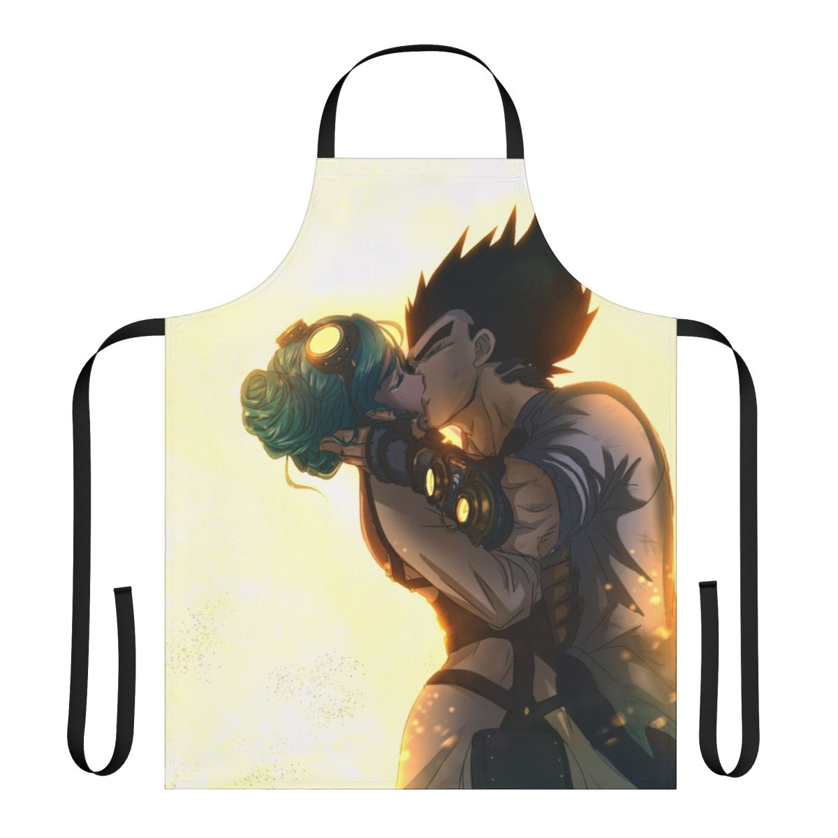 Dragon Ball themed apron with Vegeta and Bulma characters