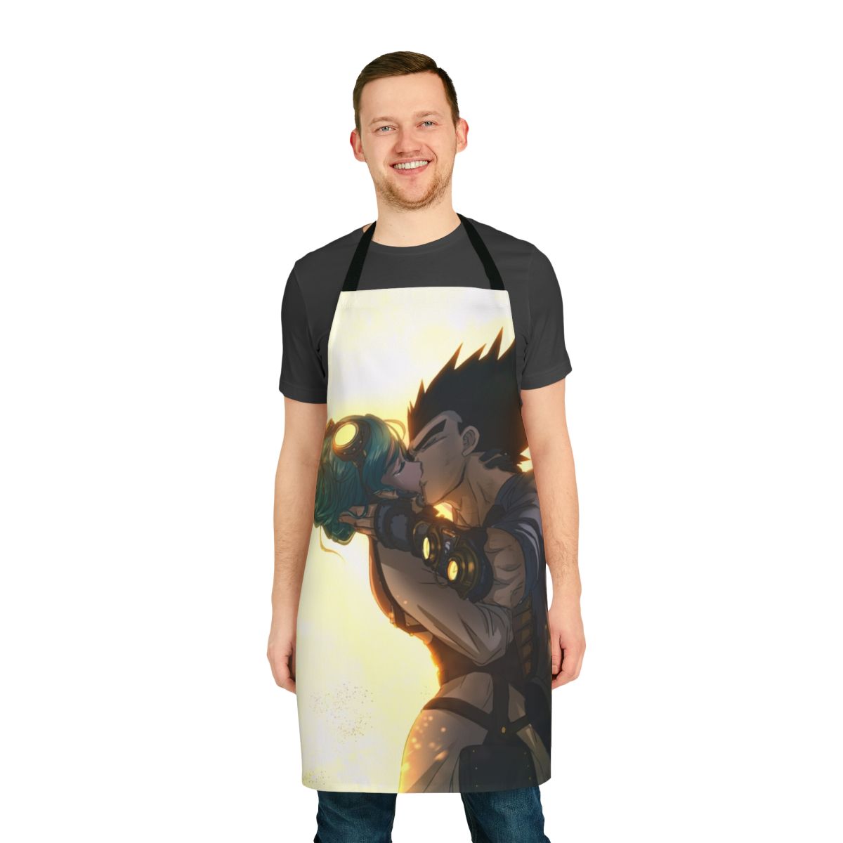 Dragon Ball themed apron with Vegeta and Bulma characters