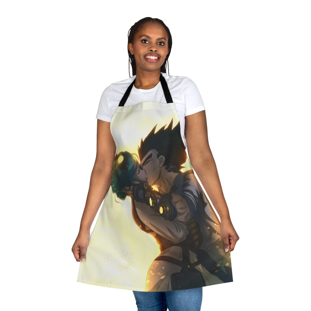 Dragon Ball themed apron with Vegeta and Bulma characters