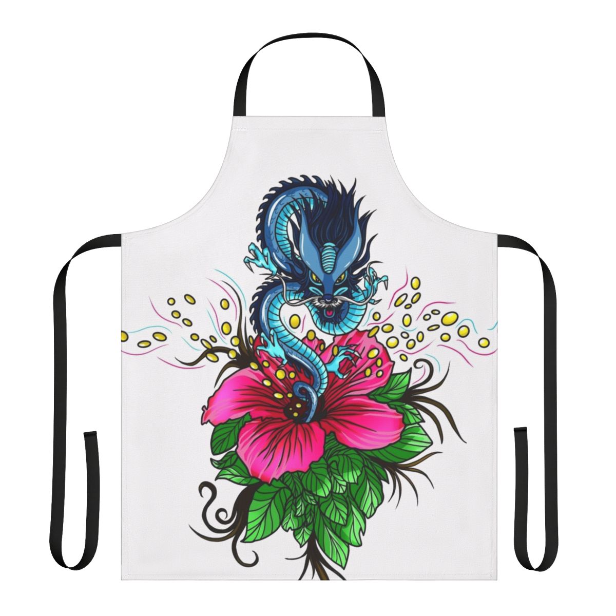 A high-quality apron featuring a dragon and hibiscus flower design in a fantasy, anime-inspired style.